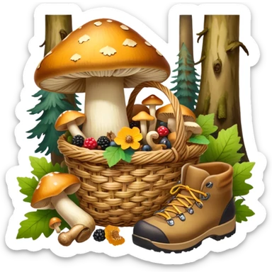 Icon for Mushroom and Berry Tourism: a basket filled with mushrooms chanterelles, boletus and aspen and berries, surrounded by forest elements like trees, leaves and a hiking boots. The icon should capture the joy of foraging in nature. Transparent background. sticker