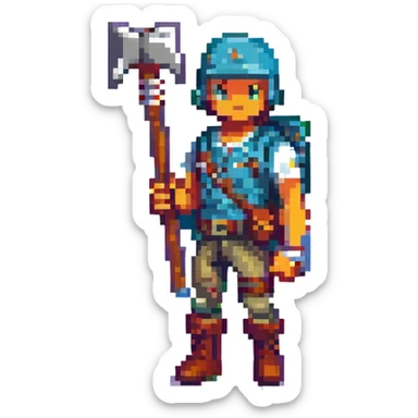 Fortnite character, pixel art style, blocky and retro, holding a pickaxe, bright colors sticker