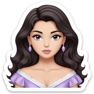 A woman with almond-toned skin, dark voluminous hair in waves, expressive eyes with soft lashes and shimmer, full lips with a glossy nude-pink color, wearing a lavender top and a white sash with “Miss San Juan” in black letters, exuding elegance and confidence sticker