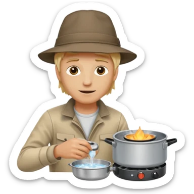 A blonde man camper boiling water on a portable stove, enjoying the outdoor sticker