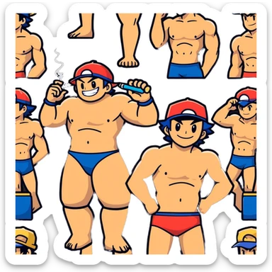 Hot handsome muscular 6ft 5inch tall smiling happy fun shirtless Ash Ketchum bugging two best friends in swimwear while using a vape sticker