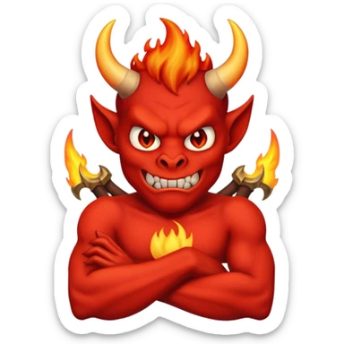 a Red devil, short horn Devil with flaming eyes, crossing arms sticker