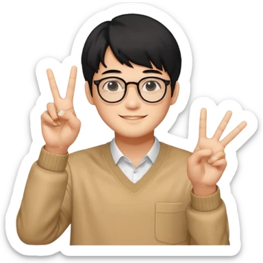 kim taehyung do bts de cabelo preto, óculos, sorrindo e fazendo dois com a mão esquerda  sticker