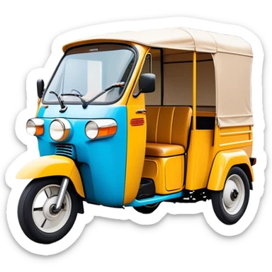 Cinematic Realistic Tuk Tuk Emoji, depicted as a vibrant iconic three-wheeled vehicle with bold colors and a compact design, rendered with crisp textures and dynamic urban lighting that captures its quintessential Thai charm. sticker