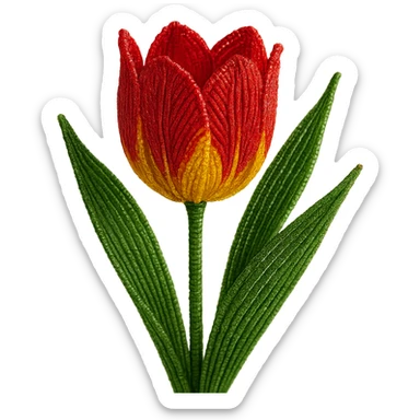 french beaded tulip, intricate glass seed beads, wirework, realistic flower, vibrant red and yellow petals, green leaves, elegant, close-up, no background sticker