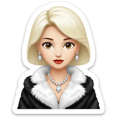 * Character: A stylish lady
* ﻿﻿Clothing: A luxurious white fur coat
* ﻿﻿Accessories: A dazzling diamond necklace
* ﻿﻿Expression: Confident, elegant, maybe slightly glamorous
* ﻿﻿Pose: Head slightly tilted or a poised posture
* ﻿﻿Style: Emoji-like, simple but expressive sticker