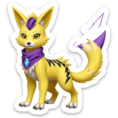 Furry Anthropomorphic Yellow Renamon-Zeraora-Lombax-Pokémon-Digimon-Fakémon-fusion with purple lightning-bolt-markings, and facial markings, black bandanna scarf (full body) sticker