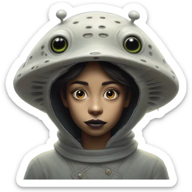 Wholesome UFO alien in Totoro style, oil paint, black eyes, intricate lips, masterpiece portrait, beautiful, desirable, logical, love, peace, understanding sticker