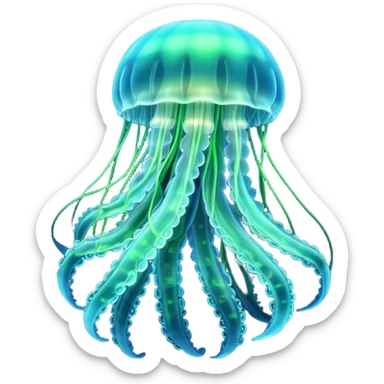 3D render of Jellyfish, bioluminescent deep sea style, glowing neon blue and green lights, dark background to contrast the glow, translucent organic textures. sticker
