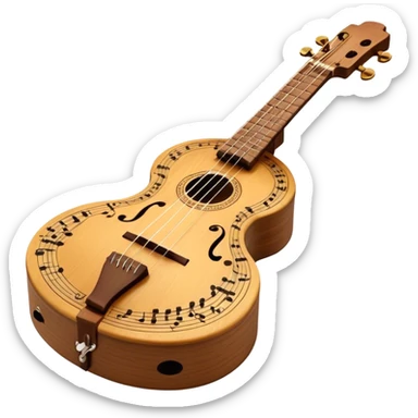 Create an elegant and traditional emoji representing a domra. The design should feature the round, wooden body of the domra with its distinct 3 strings. Include delicate details like the tuning pegs, the fingerboard, and the bridge. The wood of the domra should have a rich, warm tone, and the strings should be subtly highlighted to show their importance. Add a small musical note or two floating around to evoke the folk music it is used for. Use earthy tones like brown and gold to emphasize its classic, rustic feel. The background should be transparent. sticker