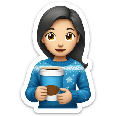 Asian girl drinking coffee wearing blue Christmas sweater sticker