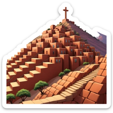 Urban Peruvian hillside neighborhood, brick houses stacked on steep hills of the desert, unfinished red brick buildings,, narrow stairways, electric cables crossing the sky, sunset lighting, realistic style, cinematic, high detail in the desert, cross monument at the top sticker