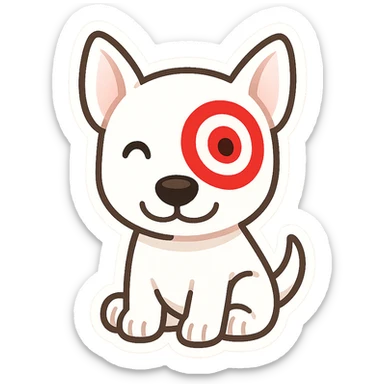 cute cartoon of Target store bullseye dog, white dog with red bullseye around one eye, sitting and smiling, simple and friendly style, chibi stickers style sticker