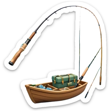 Icon for Fishing Travel: a fishing rod, tackle box and a boat on a calm lake surrounded by mountains and lush greenery, with fish jumping out of the water. The icon should capture the peaceful and adventurous nature of fishing trips. Transparent background. sticker