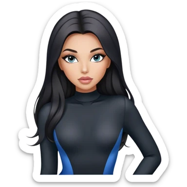 Glamours, tanned, very beautiful girl, with big pump peach-beige-rose lips, long long lashes, black straight smooth silky long hair, straight parting hair, blue-grey eyes in black long-sleeves bodysuit sticker