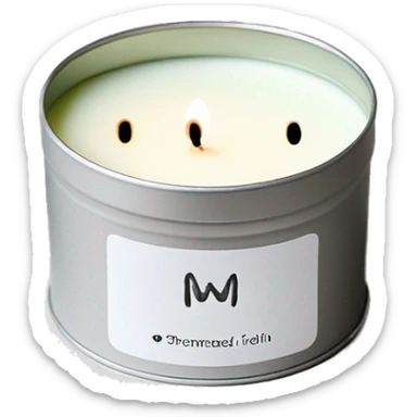 realistic short lit matcha scented candle, silver tin, small plain white label with black text sticker