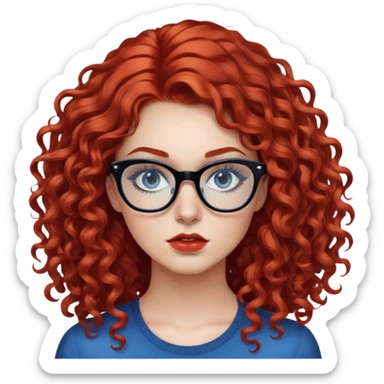 Nữ 25 tuổi, da trắng, tóc dài xoăn màu đỏ, gọng kính màu đen, mắt kính màu xanh dương , trong suốt nhìn thấy mắt, mặt nghiêm túc, lông mi dài, trang điểm khá đậm sticker
