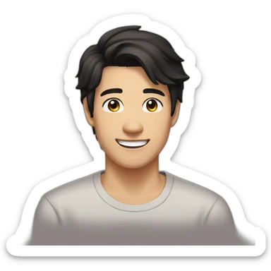 guy, black hair, medium length hair, in his 20s, very asian, smiling, t-shirt only, slight brown skin, dark brown eyes, slighty wavy hair sticker