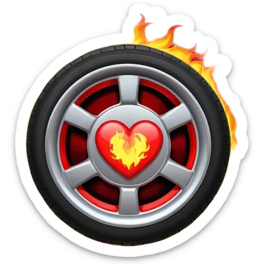 the car wheel is on fire, and in the center of the wheel there is a red fiery heart, high quality sticker