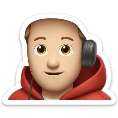 forty-something white man with brown hair, a red cap and a red hoodie holds a microphone sticker