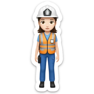 Brunette brown Girl full body standing with her white security helmet and security vest that fits her large on, also with her black backpack. Full body sticker