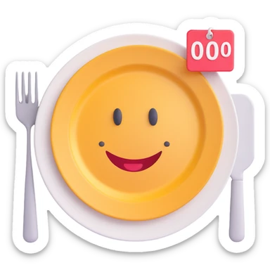 playful smiling plate with food and a price tag showing $0 conveying the idea of a free meal sticker