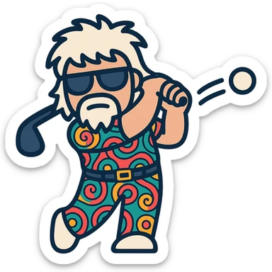 Create an icon of John Daly swinging a golf club with a golf ball in motion, in the same style as the reference image, with a transparent background. sticker