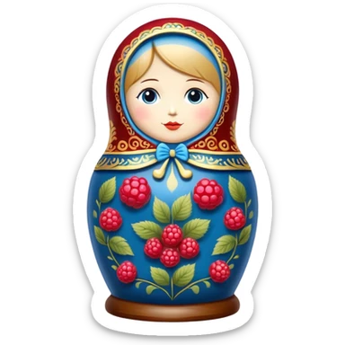 blue khokhloma-painted matryoshka doll with raspberries inside sticker