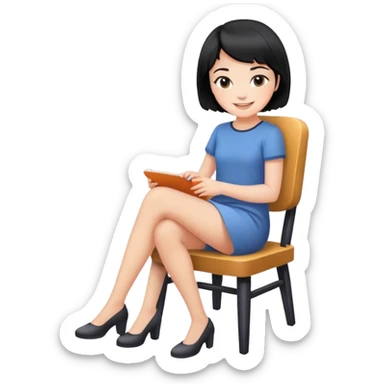 Girl with short black hair smiling sitting on a chair sticker