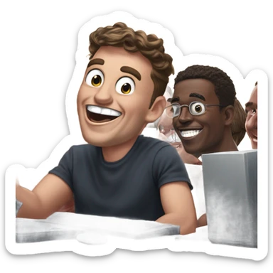 Musk in the treasury department laughing with devil horns coming out of his skull and in background young college guys on computers with eyes bulging out and looking frantic while typing fast sticker