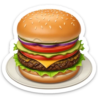 Draw a hamburger on a plate using a downward-facing look, ensuring the object remains stationary without rotation or tilt. sticker
