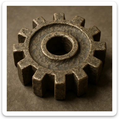 highly detailed, three-dimensional gear carved from ancient, slightly worn metal with realistic shadows and highlights, showing texture and organic imperfections sticker