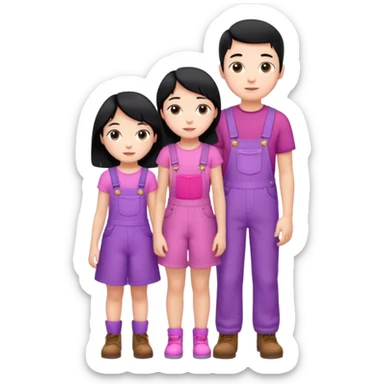 A short boy with black hair in pink overalls standing next to a really tall girl in a purple dress sticker