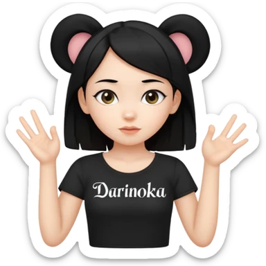 Кошка девочка, черные волосы, милые ушки, черный топик, руки показывают грудь, на топике надпись "дариночка" sticker