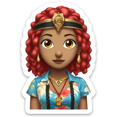anime woman with red and black hair, wearing a blue hawaiian shirt, red eyes, wearing a cross necklace, wearing a red and black pharaoh headdress sticker