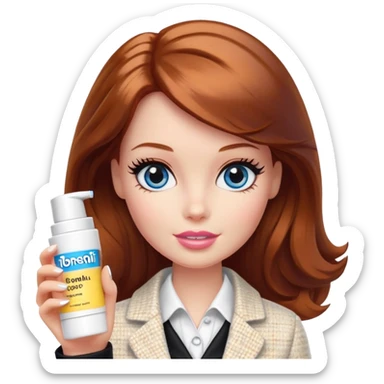 A Barbie girl with blue eyes, shoulder-length reddish-brown hair, made-up, in a white tweed jacket and black skirt, holding a tube of pale yellow face cream sticker