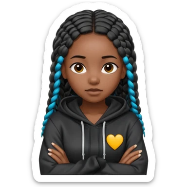 African American dark skin girl with long black box braids wearing a plain black hoodie  with arms folded across chest sticker