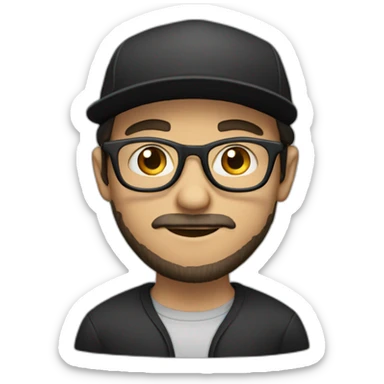 white boy with a black cap and light black beard and reading rounded glasses sticker