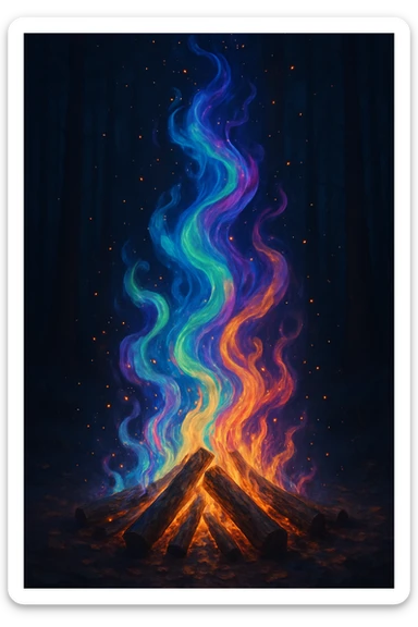 a bonfire with swirling, colorful flames, hypnotic effect, sparkling embers, fantasy, captivating sticker