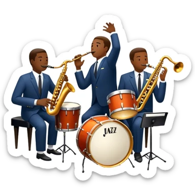 Icon for Jazz Music: The Jazz Messengers, featuring a dynamic composition with Art Blakey on drums and musicians playing saxophone, trumpet, and piano. Musical notes and a warm jazz club atmosphere emphasize the vibrant hard bop style. Transparent background. sticker