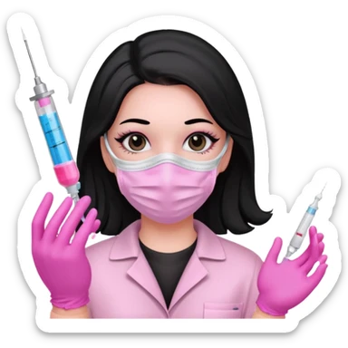 laboratorista con guantes rosa y mascarilla rosa  jeringa tubo laboratorio sin lentes  y  ojos negros cabello largo negro color ojos oscuro sticker