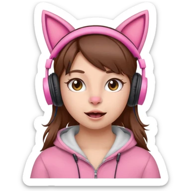 une fille avec des écouteursde chat rose et des cheveux brun qui fais une grimasse sticker