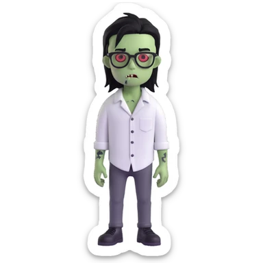 zombie boy with long black emo hair, glasses and white shirt, 3D emoji style sticker