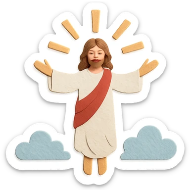 Ascension Day, Jesus ascending into the sky with clouds and rays of light, peaceful and uplifting, paper craft style sticker