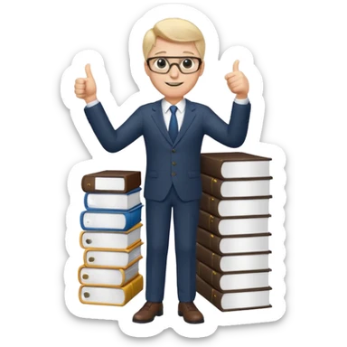 man with glasses, standing on a stack of documents, thumbs up emoji sticker