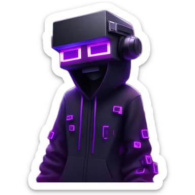 Minecraft Creeper wearing a black hoodie with "OMG" letters on it and VR headset in a cyberpunk VR environment with violet neon lighting. sticker