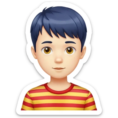 A boy with a pixie haircut wity bangs who wears striped sleeved red and yellow shirt with blue navy shorts  sticker