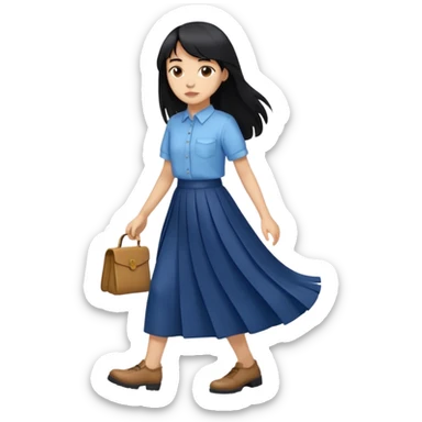 hair : black long hair with fringe 
skin : light 
cloth : oversize light blue shirt + navy long long skirt 
motion : walking 
carry: just hand sticker