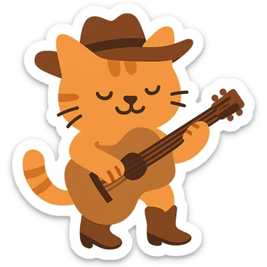 flat toon orange cowboy cat with cowboy boots strumming an acoustic guitar sticker