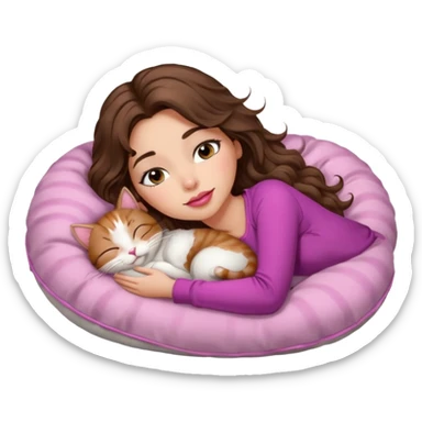 girl with long wavy brown hair, brown eyes, long lashes makeup, sexy pink lips, light to medium complexion,  sleeping on a cozy pillow, with 6 cats, sleeping sticker